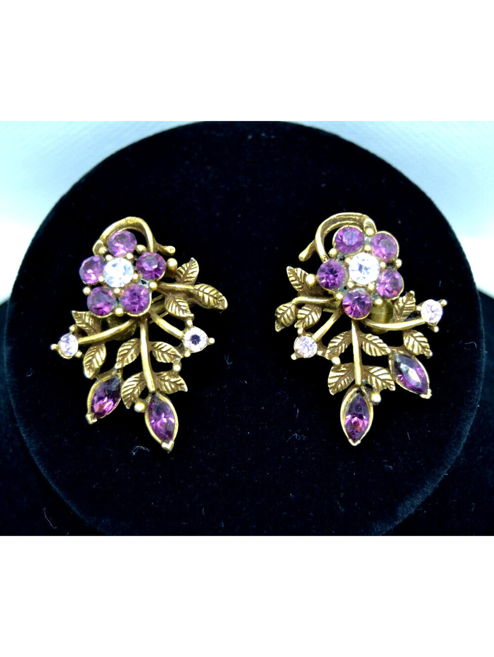 Vintage Coro Purple Clear Rhinestone Floral Leaf Clip-On Earrings Gold Tone
